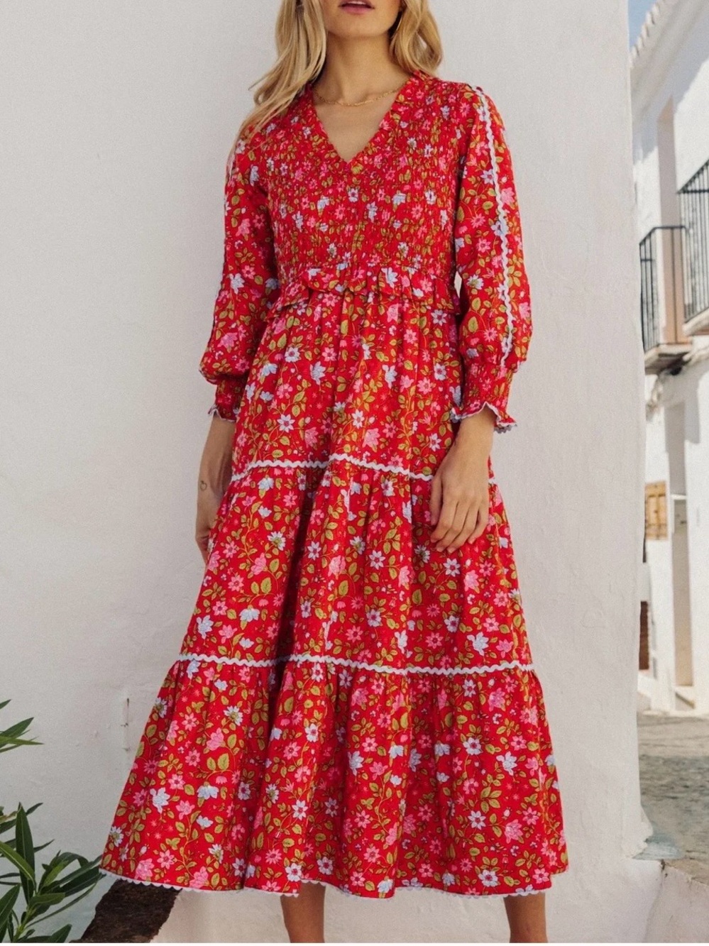 Pink City Prints Mia Dress Poppy Meadow Red Floral Organic Cotton Maxi Size M